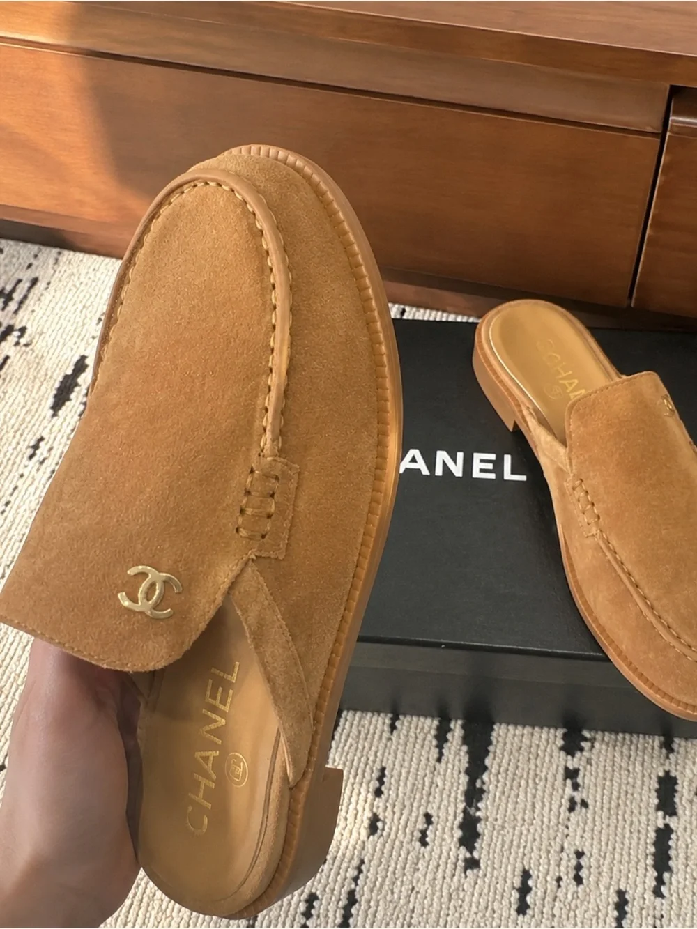 CHANEL Suede Mule Loafers in Tan Brown with CC Hardware